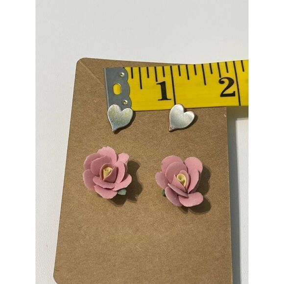 Vintage 90s Stud Earrings‎ Set Flower Heart Pink - Picture 2 of 8